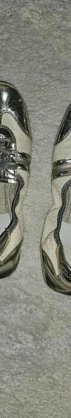Prada Metallic Silver and Cream Lace-Up Sneakers - Picture 2 of 4